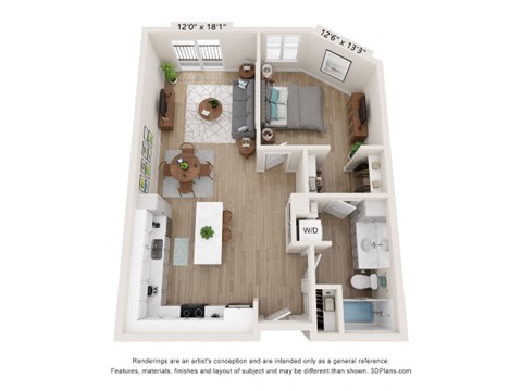 Floor plan for 1 bed, 1 bath, 817 sqft